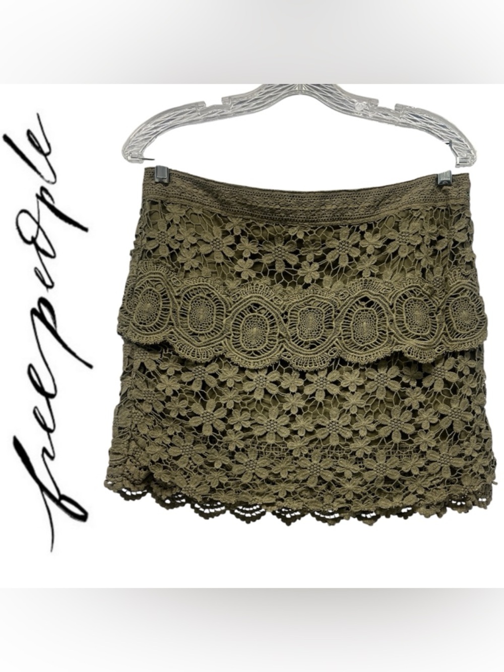 FREE PEOPLE Crochet Lace Flower Field Overlay Mini Skirt in Khaki Green Size 12